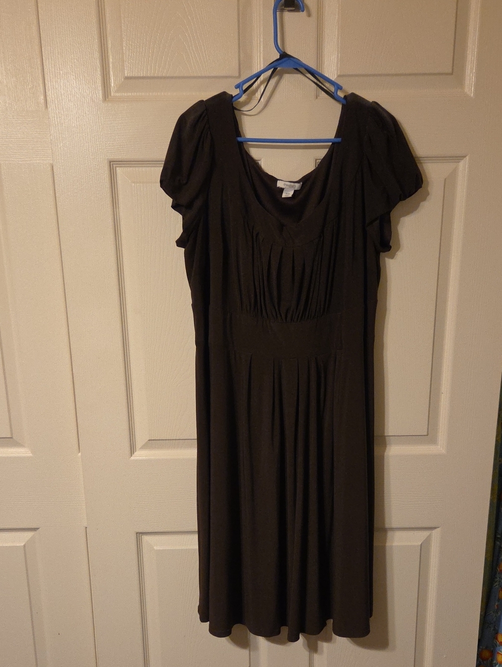 dressbarn Brown Midi Dress w Scoop Neck, Pleated Empire Bodice, Puff Sleeves